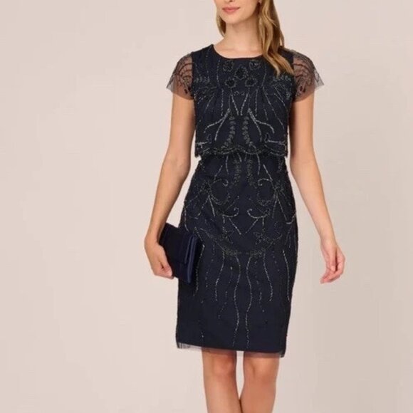 NWT Adrianna Papell Womens midnight Embroidered Beaded Cocktail Dress Size 8